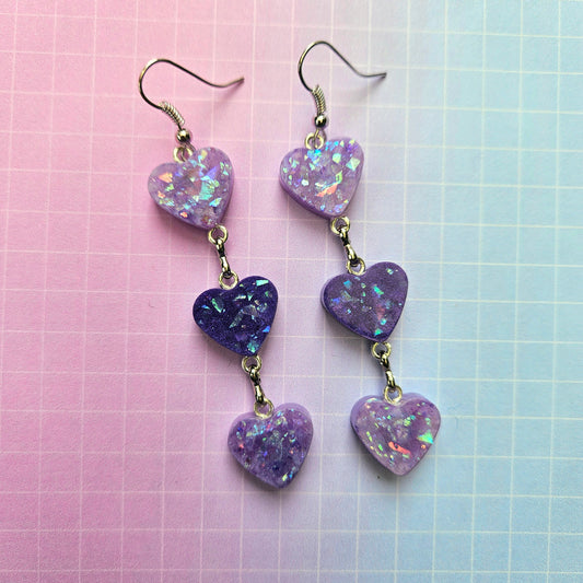 Handmade Resin Dangle Drop Earrings - Purple and Lilac Bora Hearts