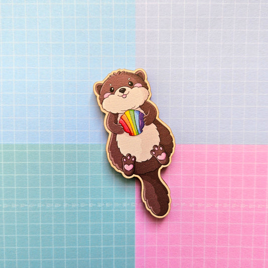 Eco Friendly Wooden 2.5 Inch Pin - Rainbow LGBTQ+ Pride Otter with Clam Shell