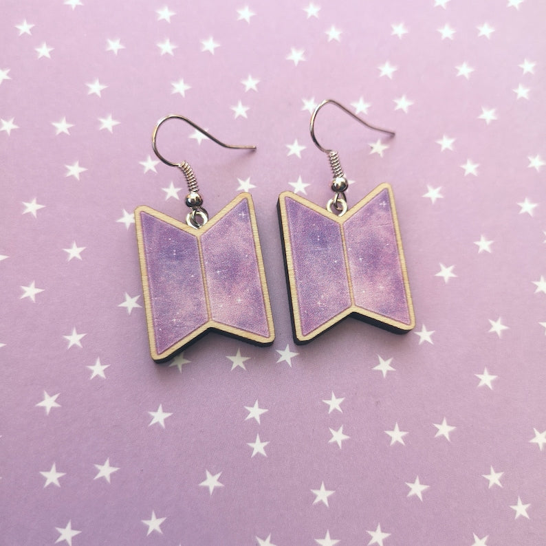 Eco Friendly 1 Inch Wooden Dangle Earrings - Pastel Bangtan Logo
