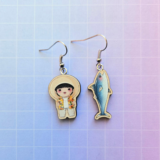 Eco Friendly 1 Inch Wooden Dangle Earrings - Super Tuna Jin