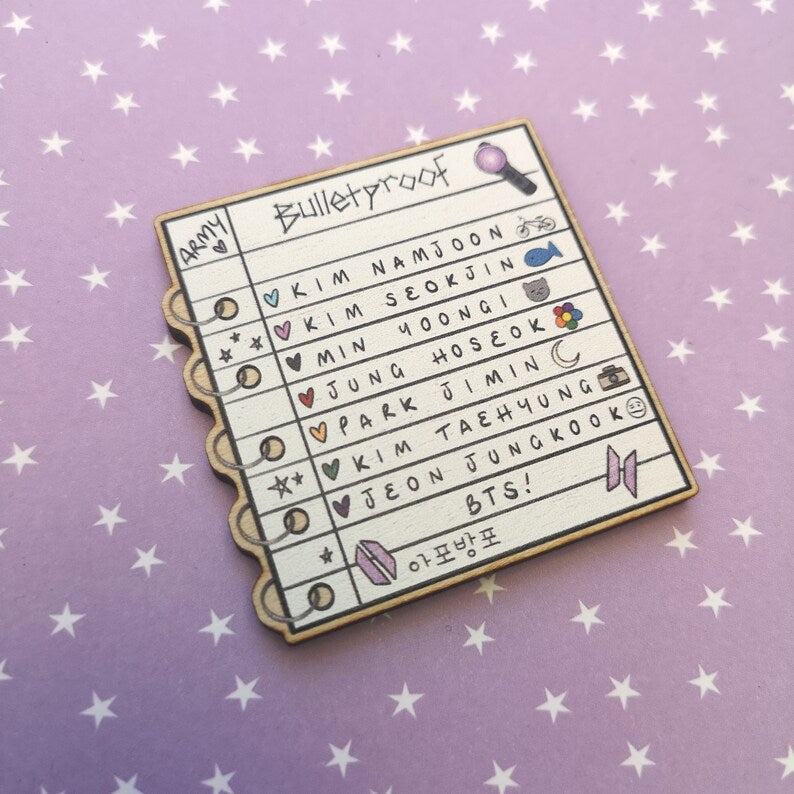 Eco Friendly Wooden 2 Inch Pin - BTS OT7 Fan Chant Notepad