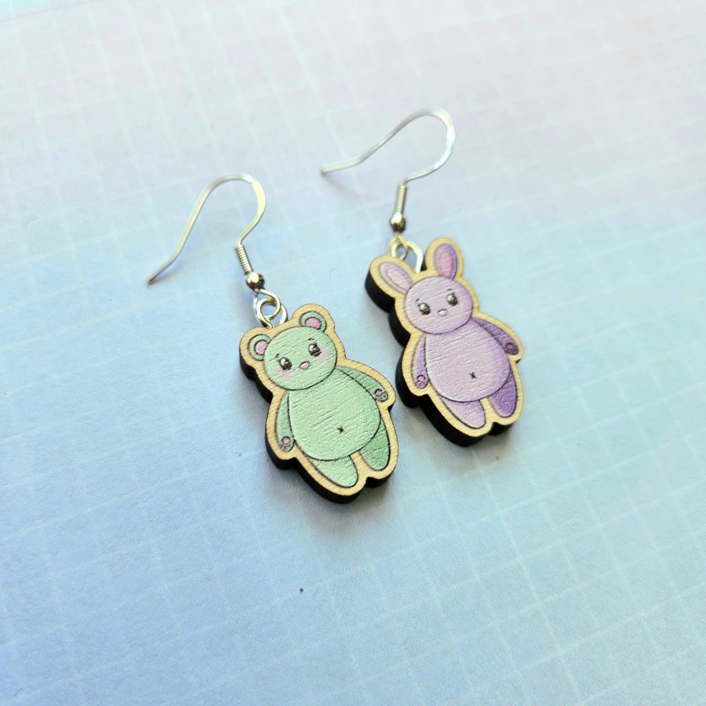 Eco Friendly 1 Inch Wooden Dangle Earrings - Bunny and Bear Taekook