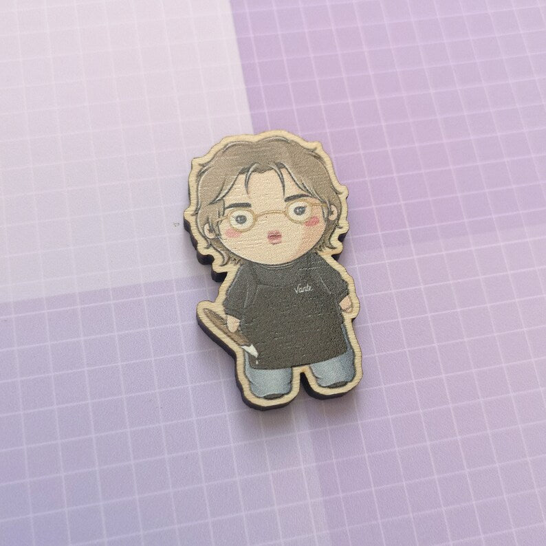 Eco Friendly Wooden 1.5 Inch Pin - Kim Taehyung V BTS Chibi