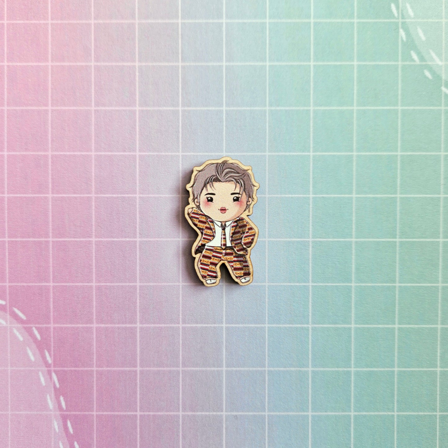 Eco Friendly Wooden 1.5 Inch Pin - BTS OT7 Idol Chibi