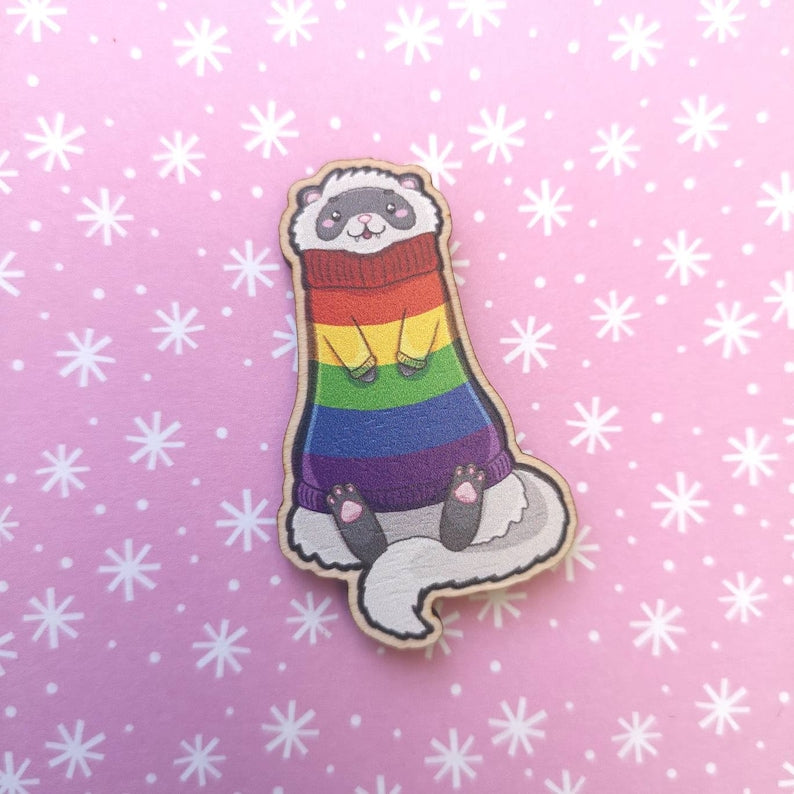 Eco Friendly Wooden 2 Inch Pin - Rainbow LGBTQ+ Pride Ferret in Sweater