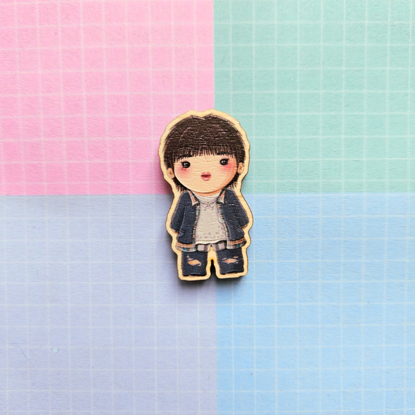 Eco Friendly Wooden 1.5 Inch Pin - Kim Seokjin Jin I'll Be There Chibi
