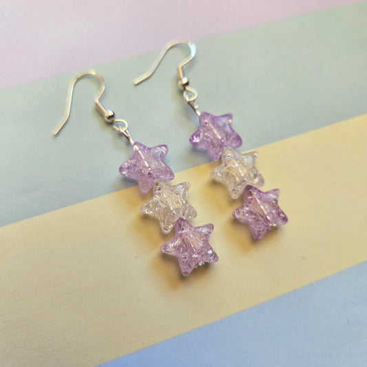 Super Cute Pastel Dangle Drop Earrings - White and Purple Stars