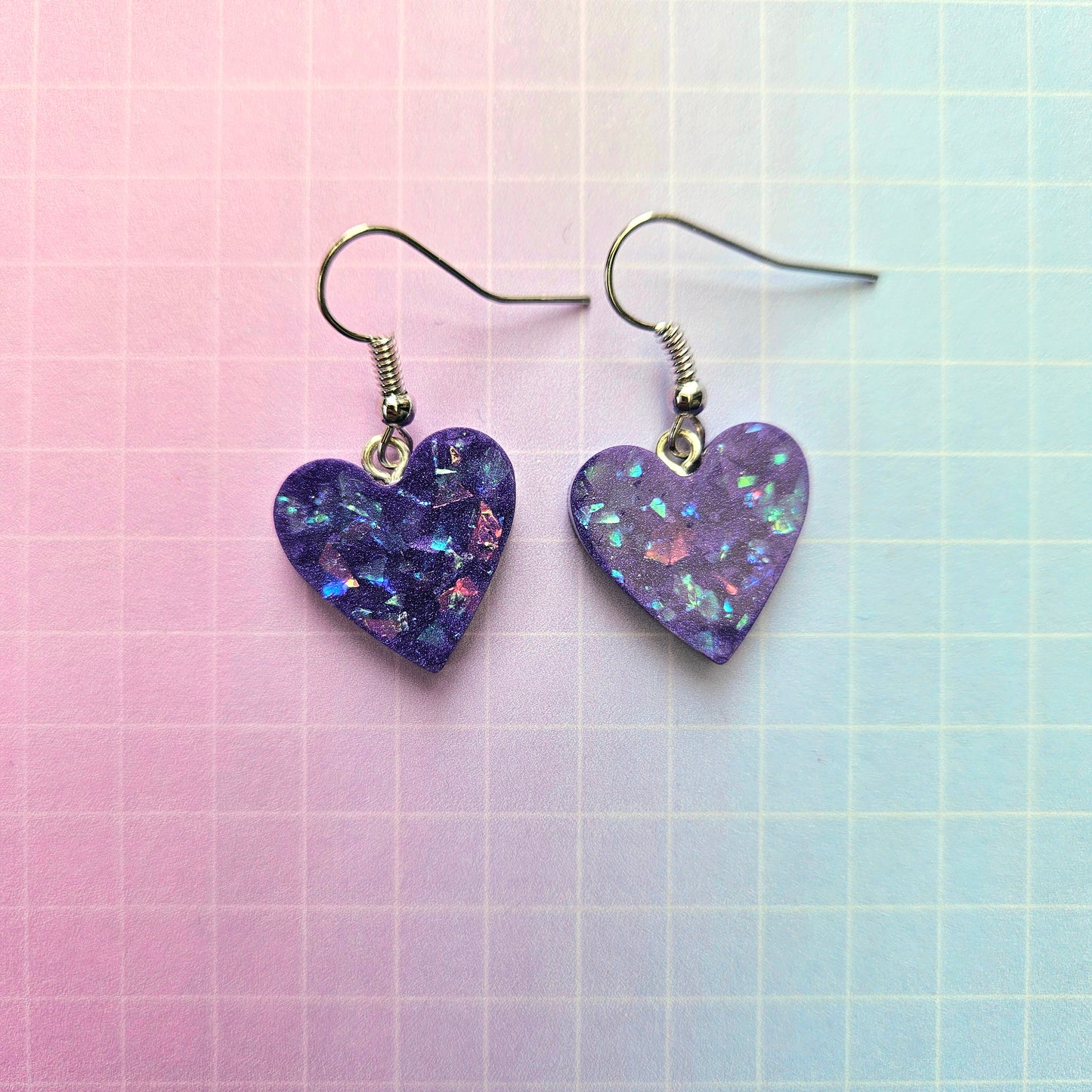 Handmade Resin Dangle Drop Earrings - Purple or Lilac Bora Hearts Medium