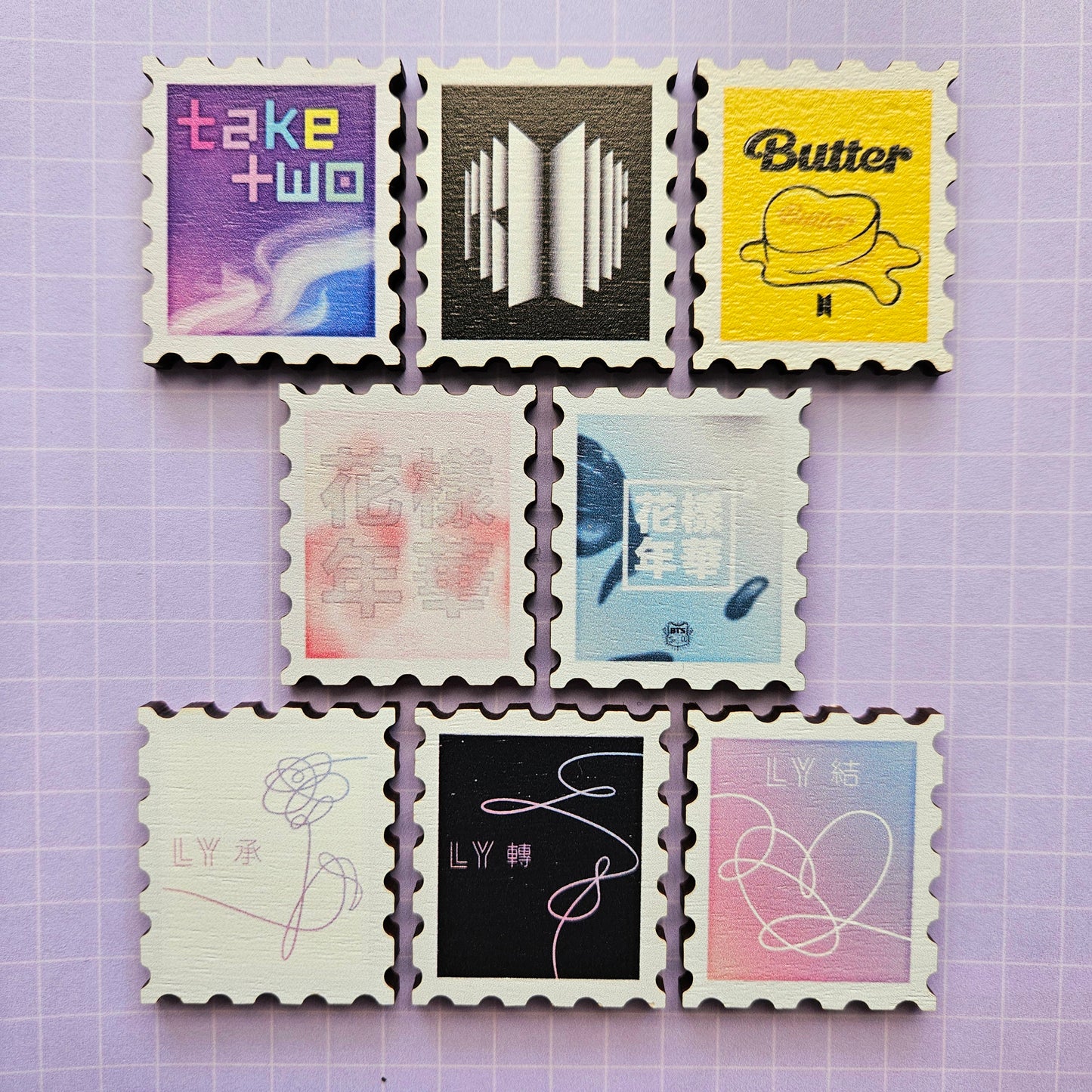 Eco Friendly Wooden 1.5 Inch Pin - BTS OT7 Song Stamps