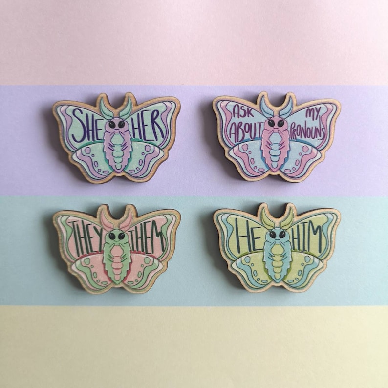 Eco Friendly Wooden 1.5 Inch Pin - Pastel Pronoun Moths