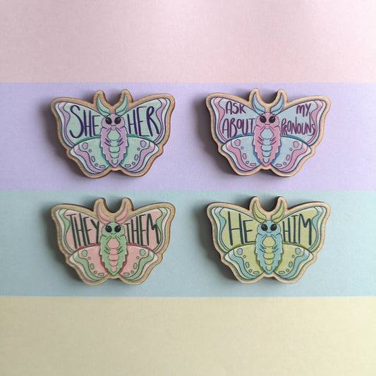 Eco Friendly Wooden 1.5 Inch Pin - Pastel Pronoun Moths