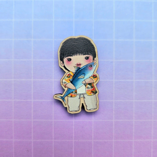 Eco Friendly Wooden 1.5 Inch Pin - Super Tuna Jin BTS Chibi