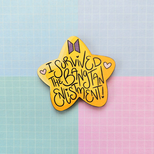Eco Friendly Wooden 2 Inch Pin - BTS OT7 Bangtan Enlistment Golden Star