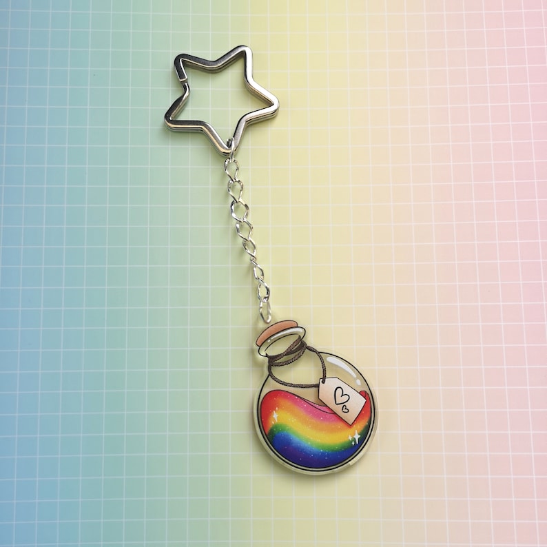 Eco Friendly Acrylic Double Sided 2 Inch Keychain - Rainbow Pride Potion Bottle