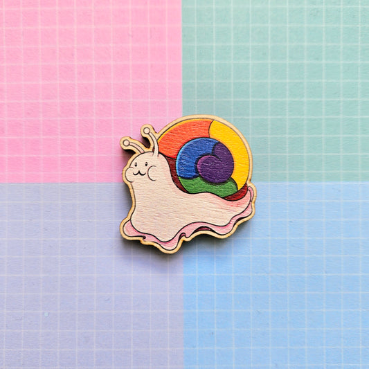 Eco Friendly Wooden 1.5 Inch Pin - Rainbow LGBTQ+ Pride Snail
