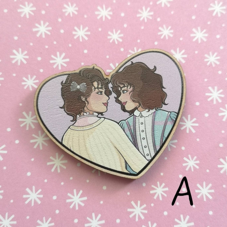 Eco Friendly Wooden 2 Inch Pin - Robin and Nancy Heart