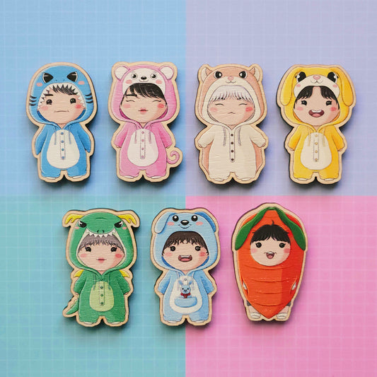 Eco Friendly Wooden 1.5 Inch Pin - BTS OT7 Muster Onesie Chibi