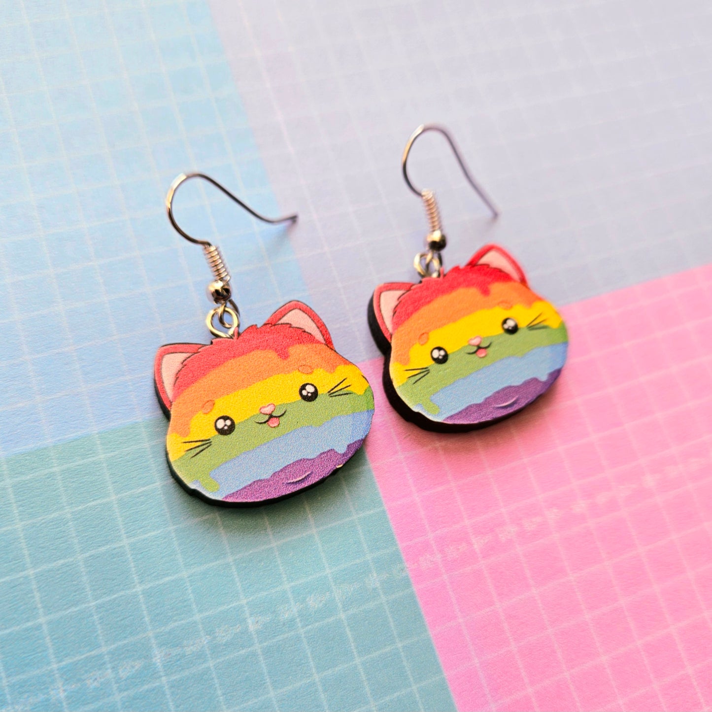 Eco Friendly 1 Inch Wooden Dangle Earrings - Pastel Pride Kitty Cat