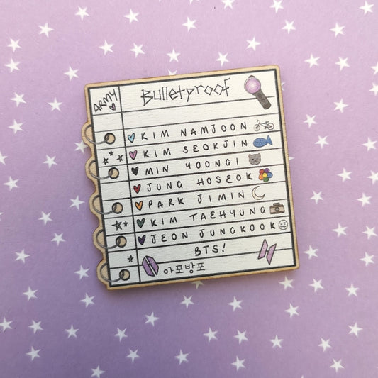 Eco Friendly Wooden 2 Inch Pin - BTS OT7 Fan Chant Notepad