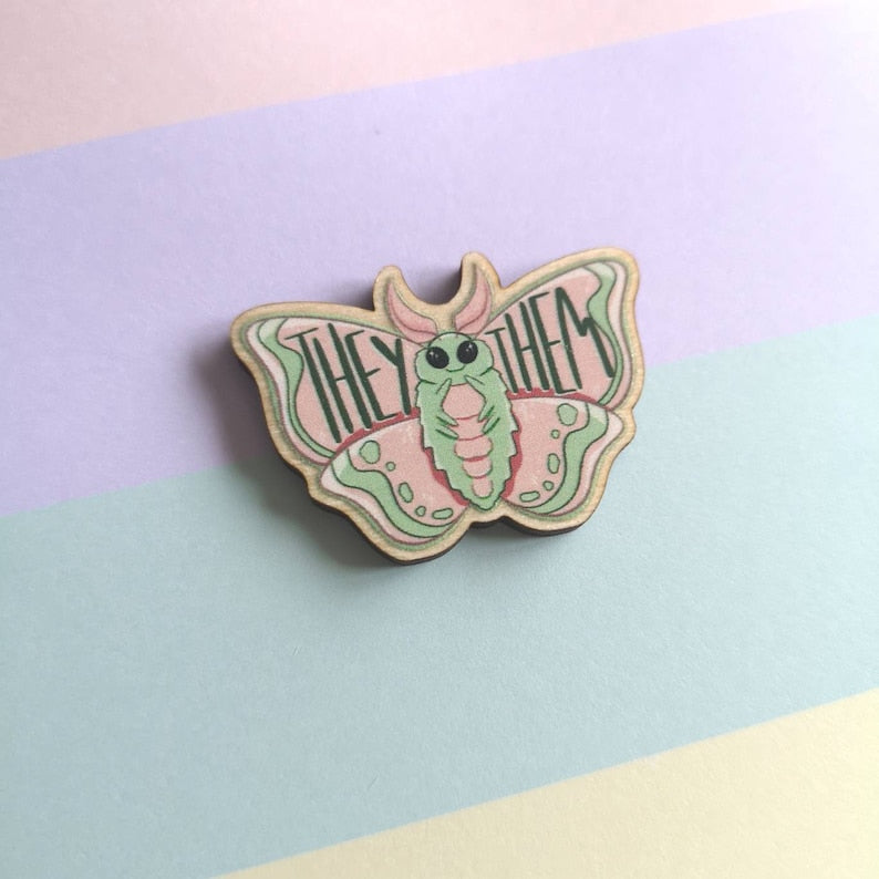 Eco Friendly Wooden 1.5 Inch Pin - Pastel Pronoun Moths