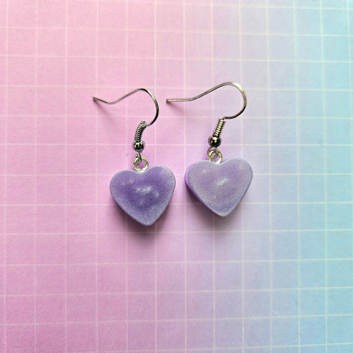 Handmade Resin Dangle Drop Earrings - Purple or Lilac Bora Hearts Small