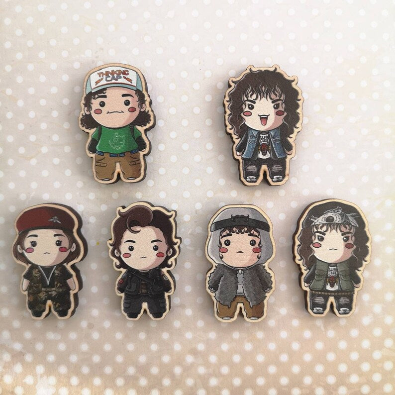 Eco Friendly Wooden 1.5 Inch Pin - Robin Steve Eddie Dustin Chibi