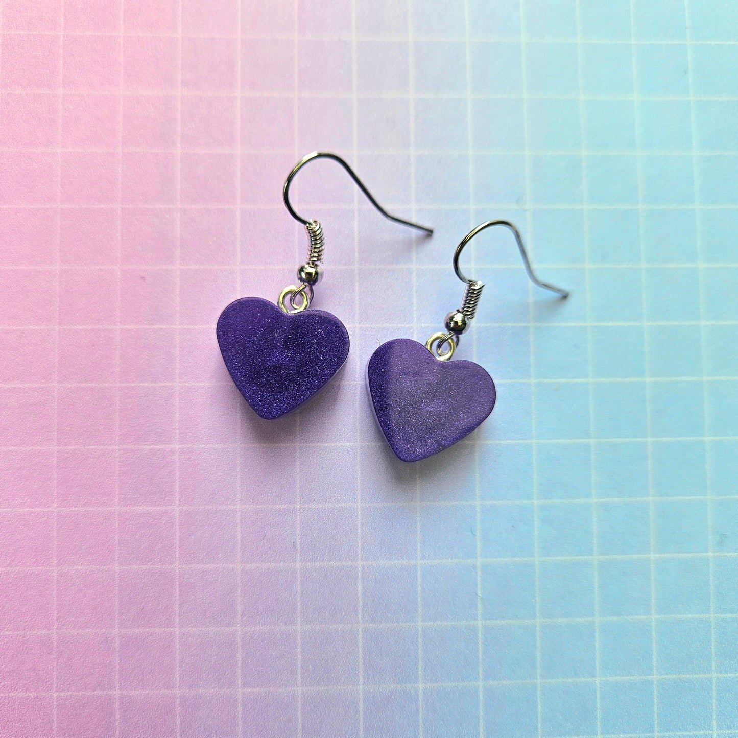 Handmade Resin Dangle Drop Earrings - Purple or Lilac Bora Hearts Small