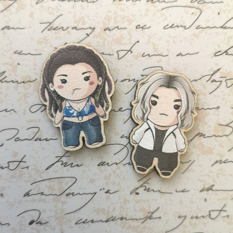 Eco Friendly Wooden 1.5 Inch Pin - Chishiya and Kuina Chibi