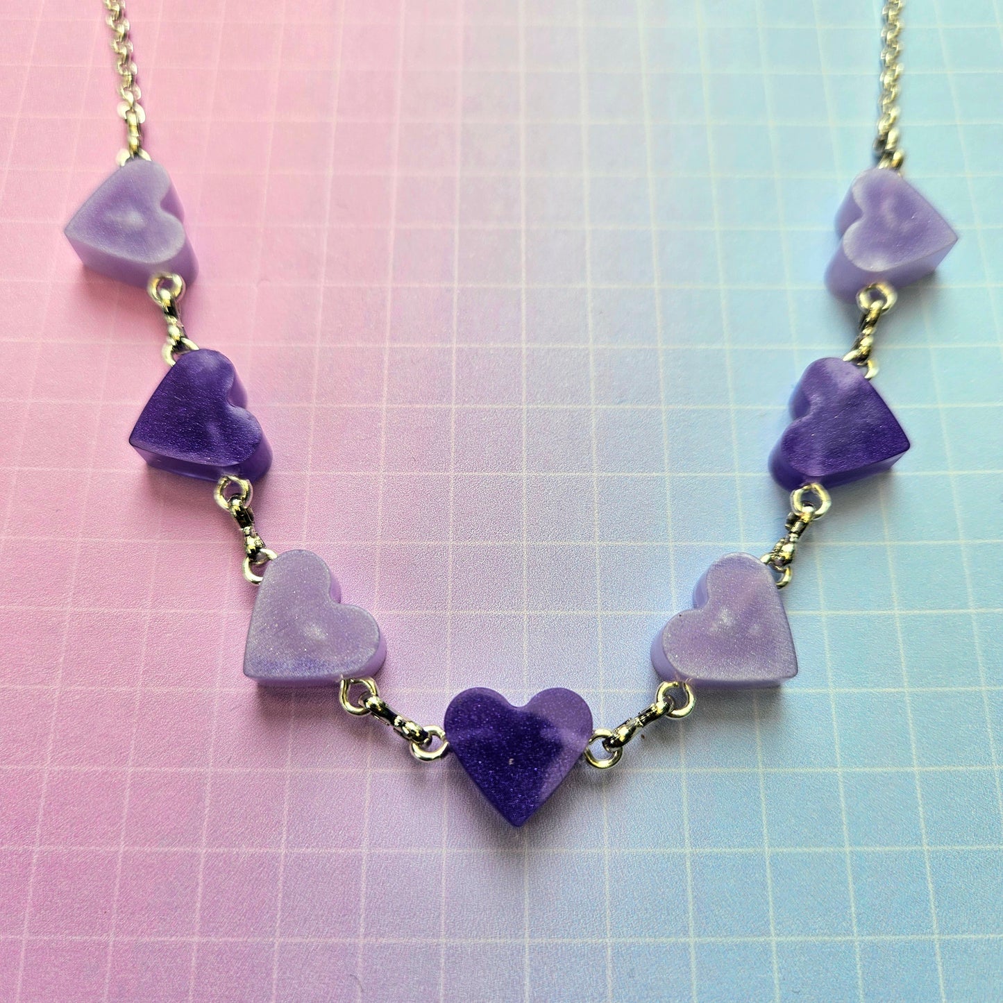 Handmade Resin Necklace - Purple and Lilac Seven Bora Hearts
