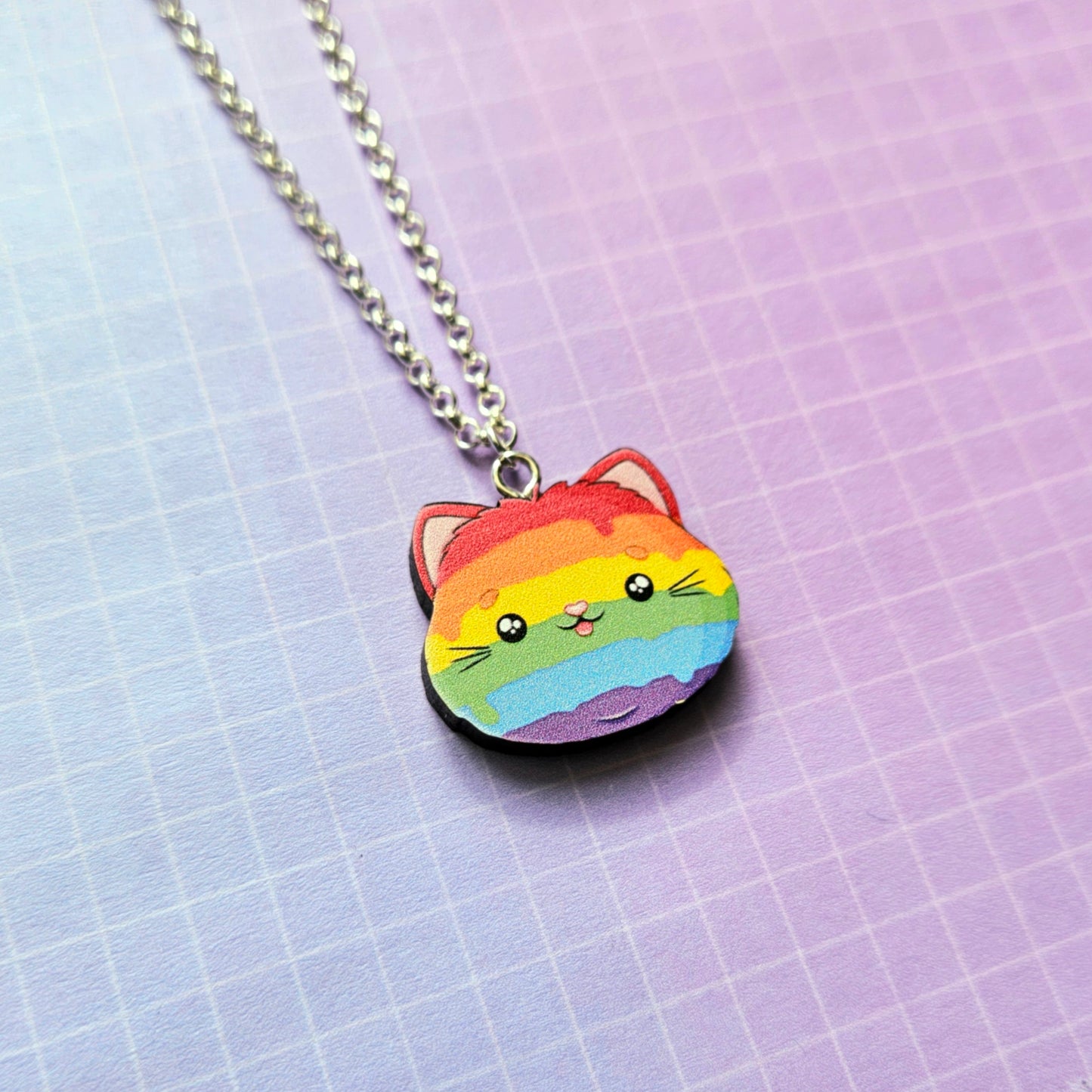 Eco Friendly Wooden 1 Inch Mini Filler Pin or Necklace - Rainbow LGBTQ+ Pride Kitty Cat
