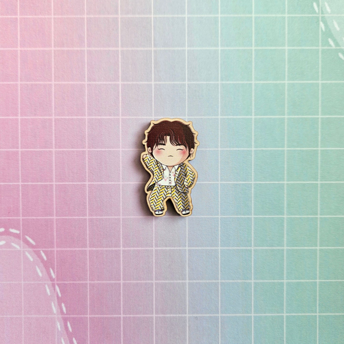 Eco Friendly Wooden 1.5 Inch Pin - BTS OT7 Idol Chibi