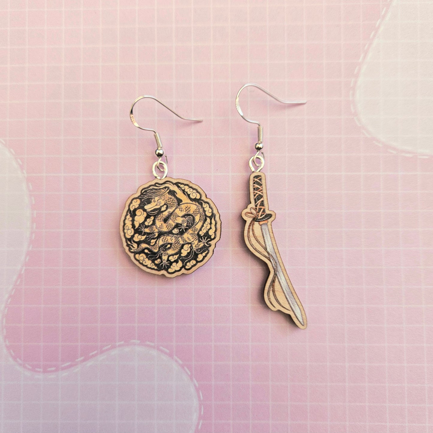 Eco Friendly 1 Inch Wooden Dangle Earrings - Agust D Daechwita Mismatched Sword and Dragon