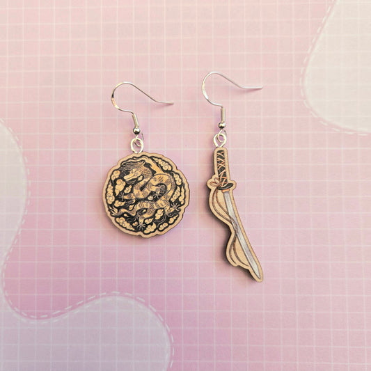 Eco Friendly 1 Inch Wooden Dangle Earrings - Agust D Daechwita Mismatched Sword and Dragon