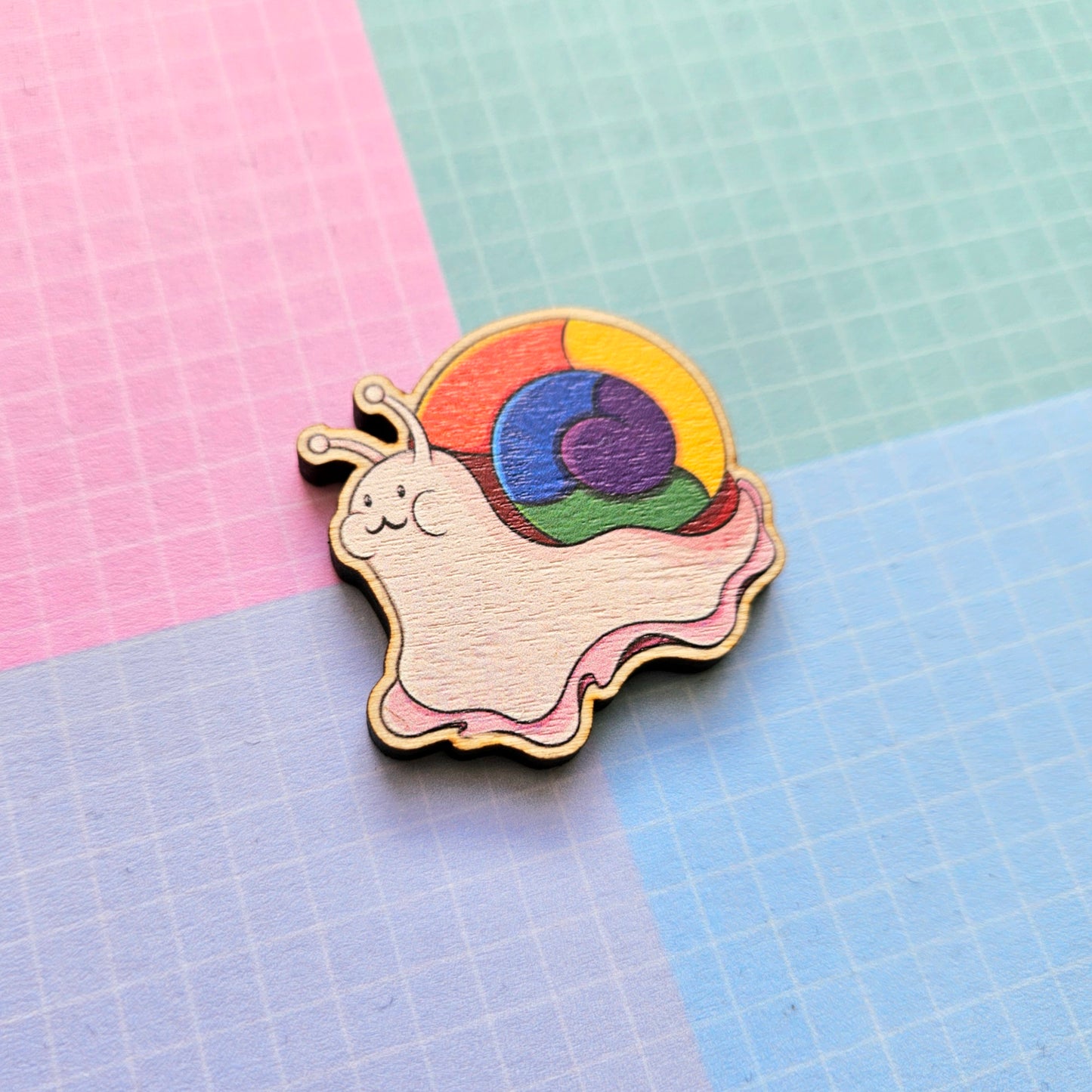 Eco Friendly Wooden 1.5 Inch Pin - Rainbow LGBTQ+ Pride Snail