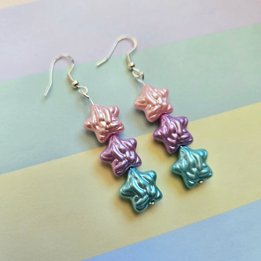 Super Cute Pastel Dangle Drop Earrings - Pearly Pink Blue Purple Stars