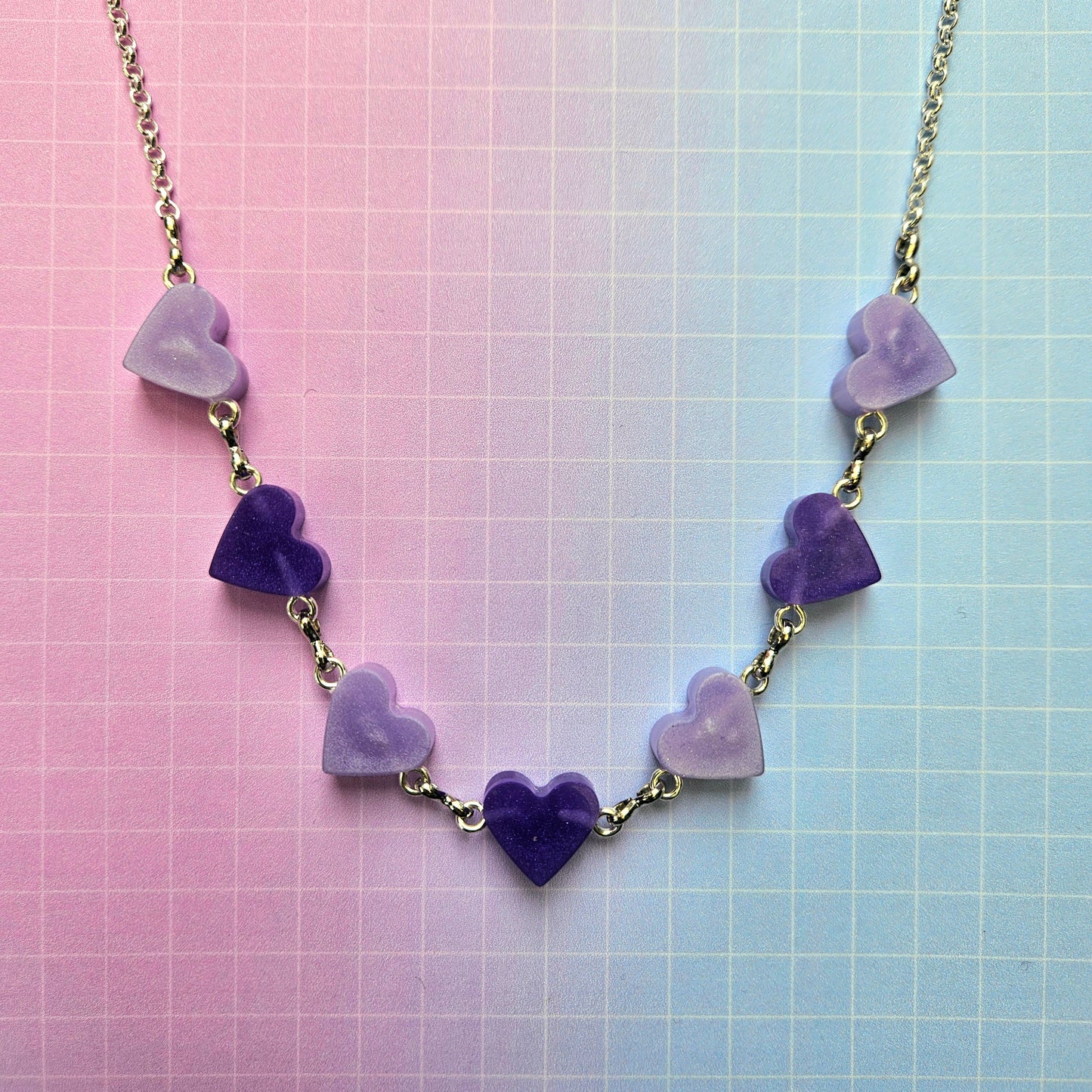 Handmade Resin Necklace - Purple and Lilac Seven Bora Hearts