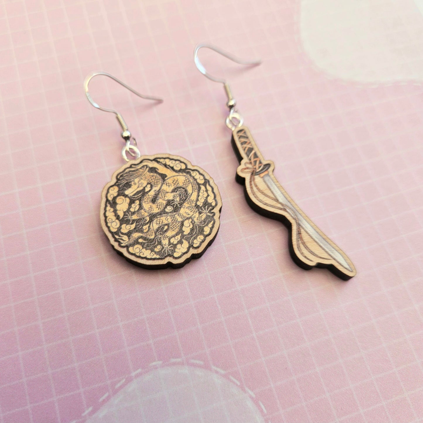 Eco Friendly 1 Inch Wooden Dangle Earrings - Agust D Daechwita Mismatched Sword and Dragon