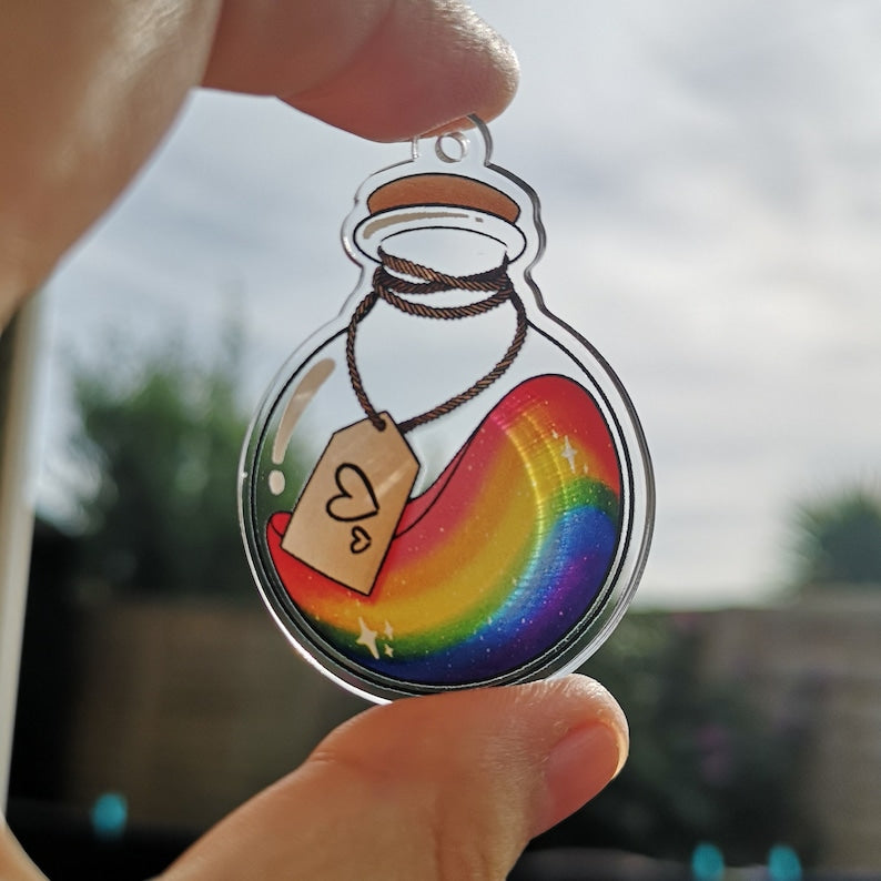 Eco Friendly Acrylic Double Sided 2 Inch Keychain - Rainbow Pride Potion Bottle
