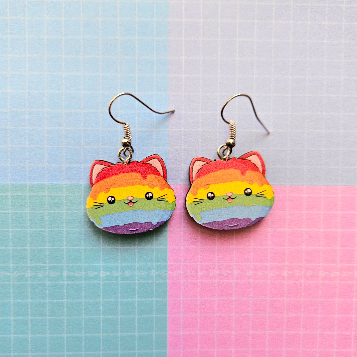 Eco Friendly 1 Inch Wooden Dangle Earrings - Pastel Pride Kitty Cat