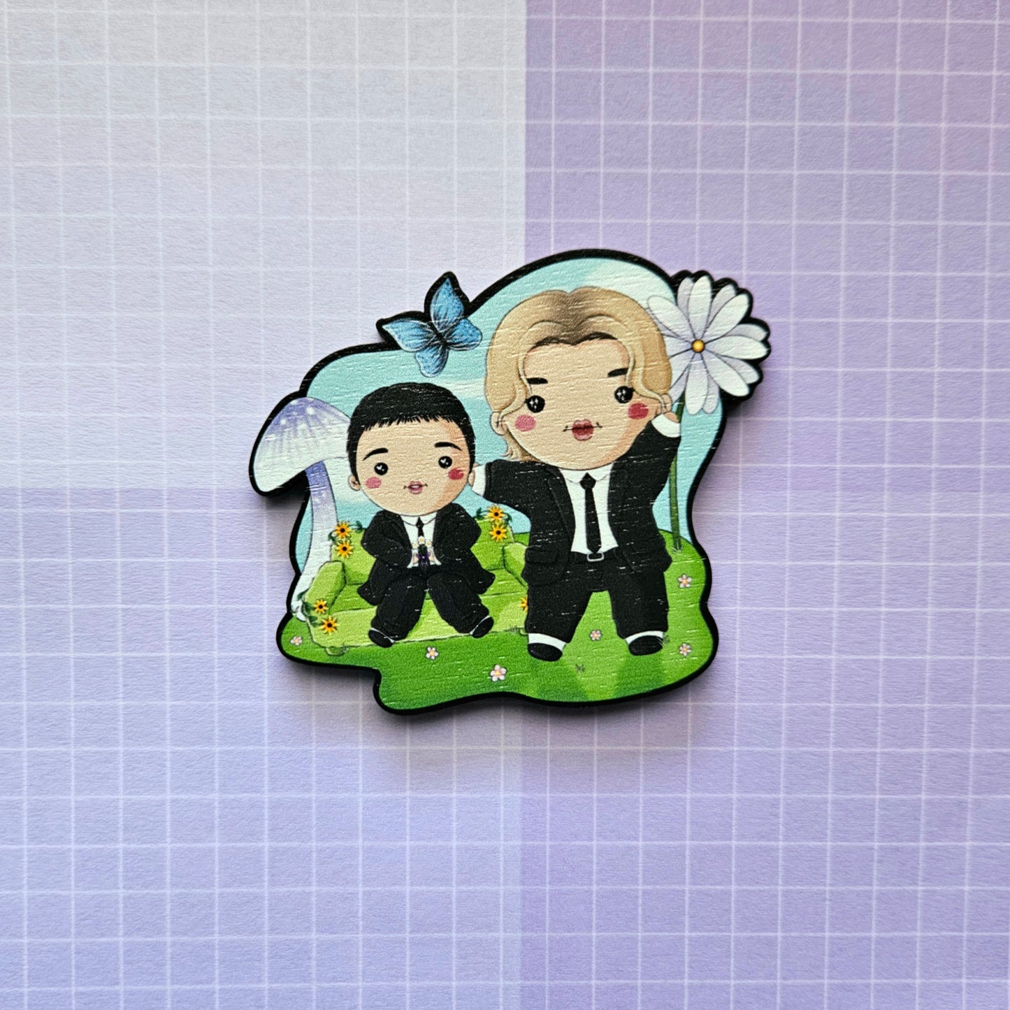 Eco Friendly Wooden 2.5 Inch Pin - Smeraldo Garden Marching Band Jimin and Loco