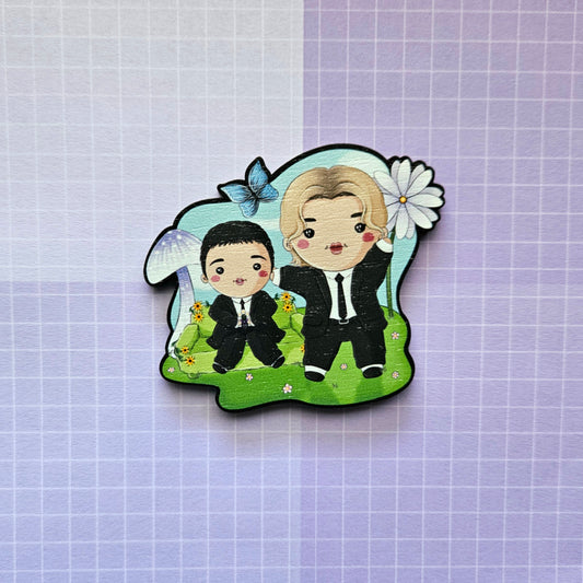 Eco Friendly Wooden 2.5 Inch Pin - Smeraldo Garden Marching Band Jimin and Loco