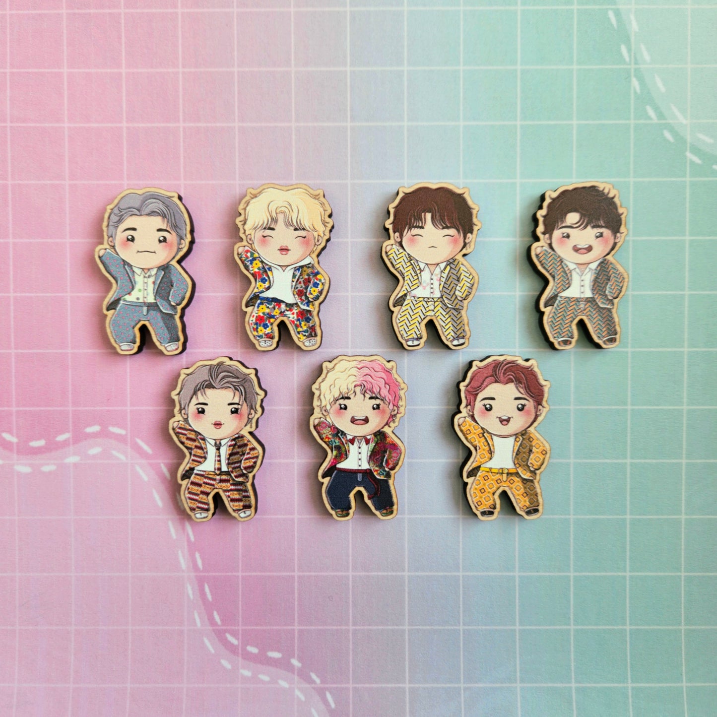 Eco Friendly Wooden 1.5 Inch Pin - BTS OT7 Idol Chibi