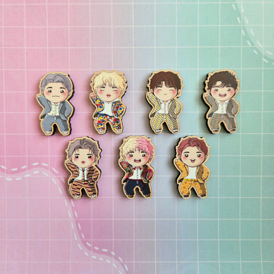 Eco Friendly Wooden 1.5 Inch Pin - BTS OT7 Idol Chibi