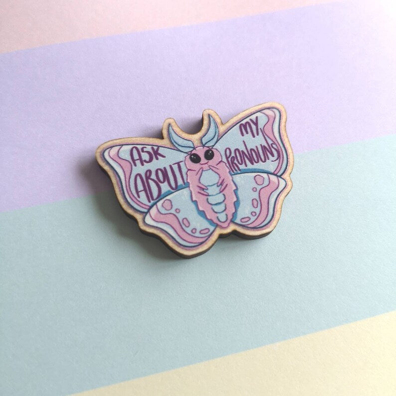 Eco Friendly Wooden 1.5 Inch Pin - Pastel Pronoun Moths
