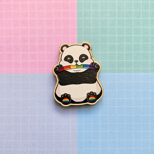 Eco Friendly Wooden 1.5 Inch Pin - Rainbow LGBTQ+ Pride Panda Bear