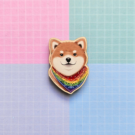 Eco Friendly Wooden 1.5 Inch Pin - Rainbow LGBTQ+ Pride Doggo in Bandana
