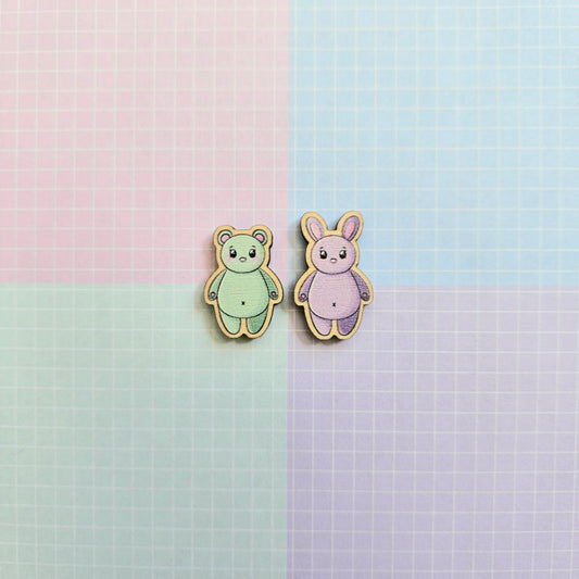 Eco Friendly Wooden 1 Inch Filler Pin - Bunny and Bear Taekook Taehyung and Jungkook