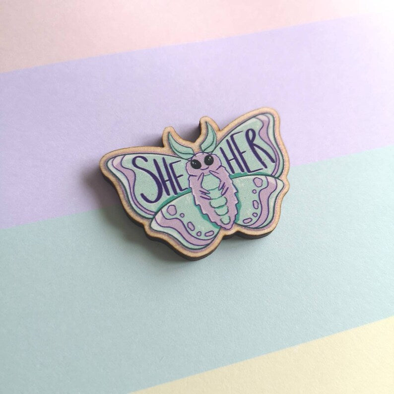 Eco Friendly Wooden 1.5 Inch Pin - Pastel Pronoun Moths
