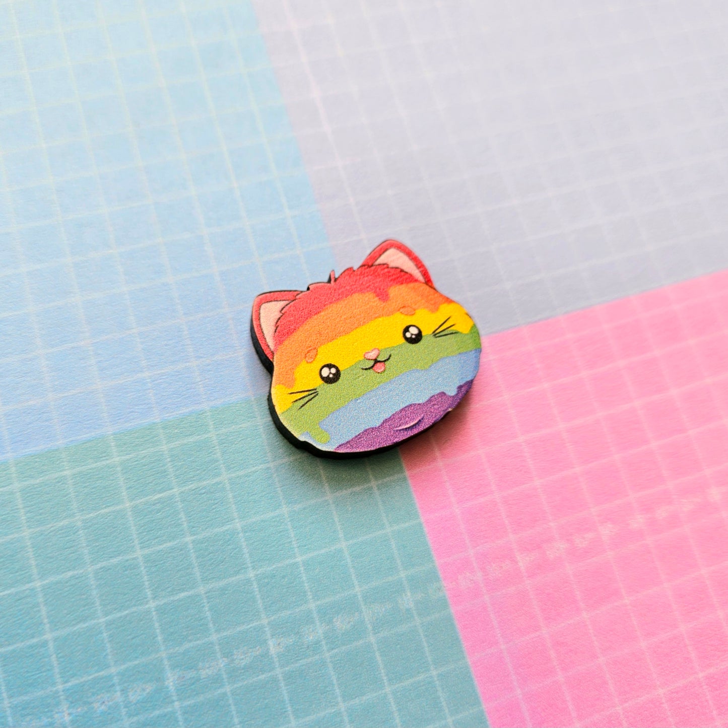 Eco Friendly Wooden 1 Inch Mini Filler Pin or Necklace - Rainbow LGBTQ+ Pride Kitty Cat