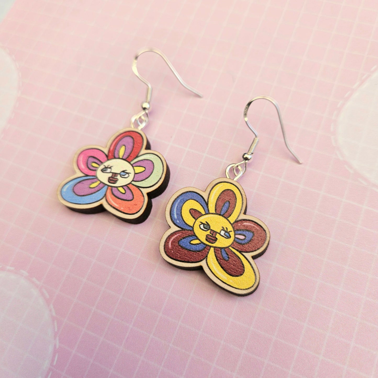 Eco Friendly 1 Inch Wooden Dangle Earrings - Taehyung V Flowers